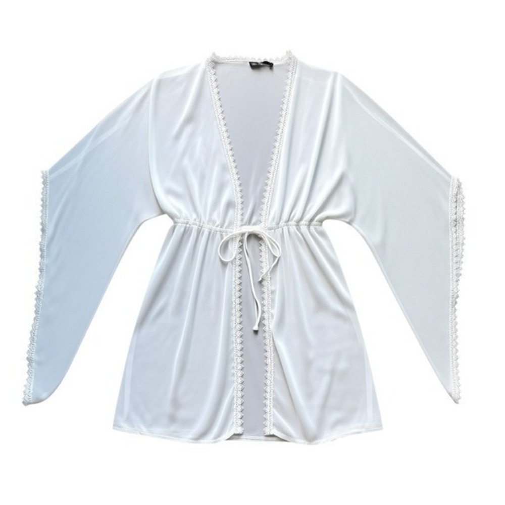 White Sheer Lace Trim Kimono Autumn Layering Resortwear One Size